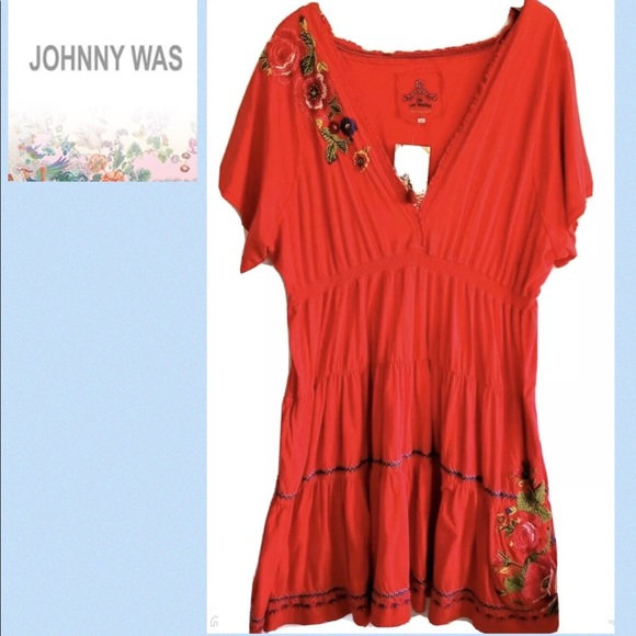 JOHNNY WAS RED DRESS PLUS 3X BEAUTIFUL EMBROIDERY SEXY MIDI DRESS EUC - Picture 1 of 12